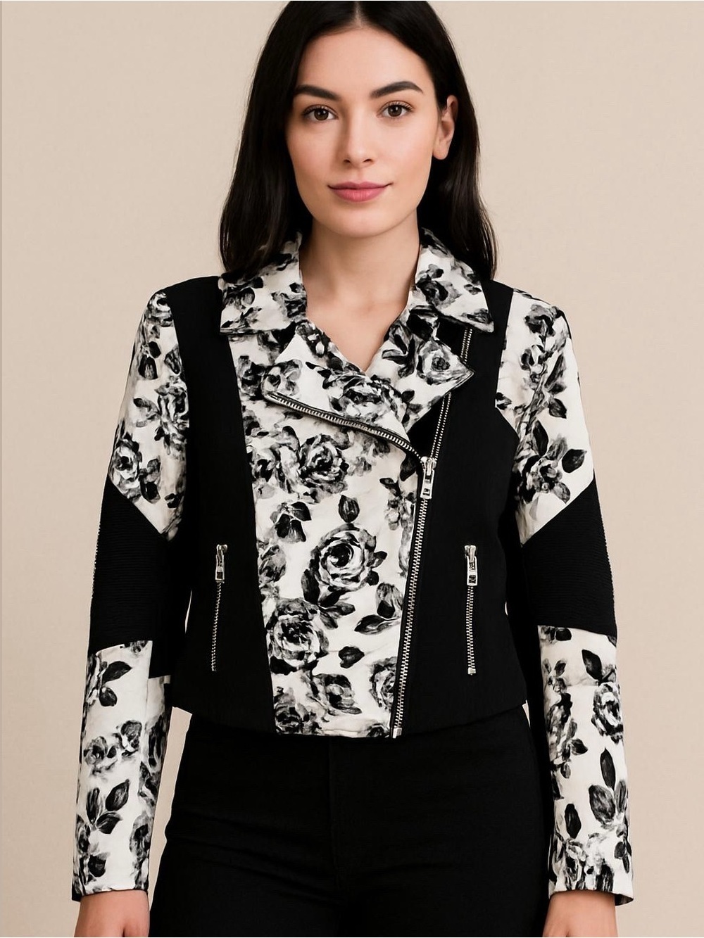Aritzia Wilfred Black White Floral Montesson Moto Crepe Jacket - Sz 6